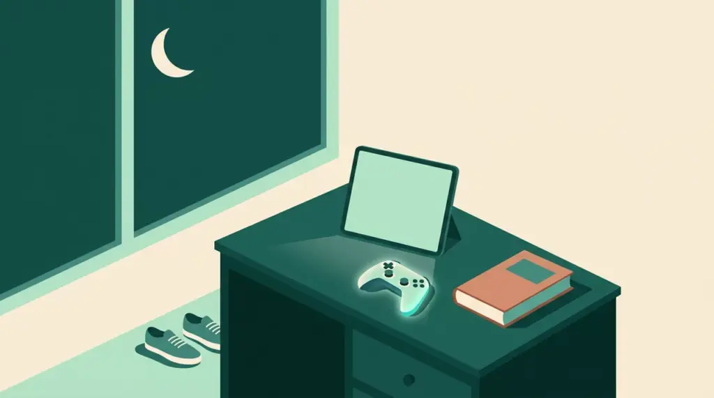 Ekran ve oyun bağımlılığı: gece masada parlayan bir oyun kumandası ve tablet, pencereden görünen ay