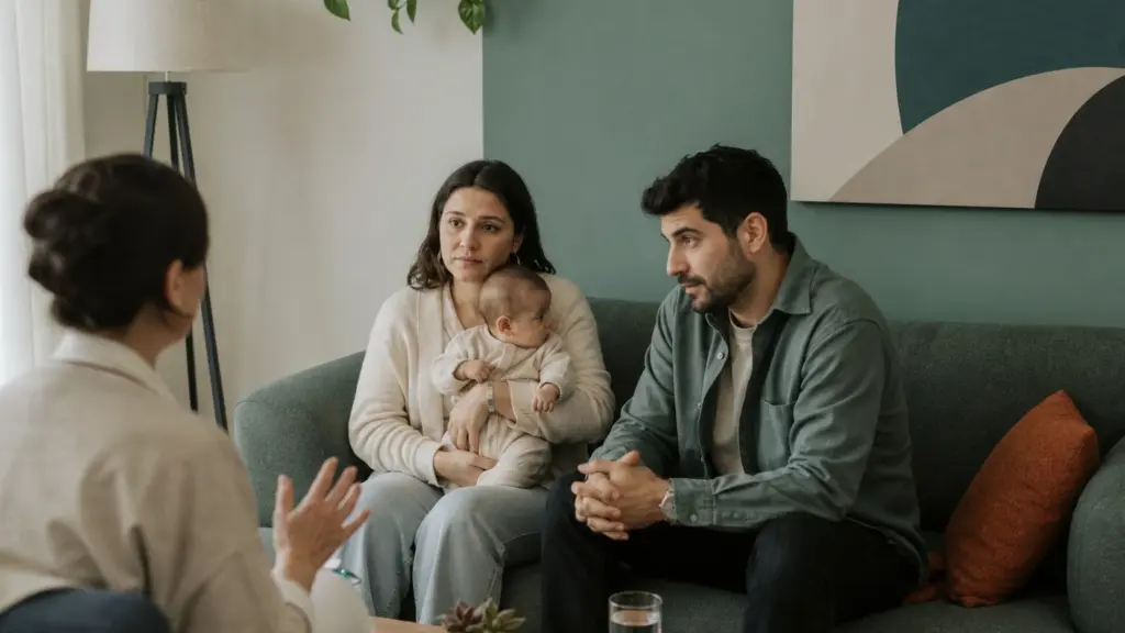 Yeni doğan bebekleriyle aile temelli tedaviler için aile terapistiyle görüşen genç çift.