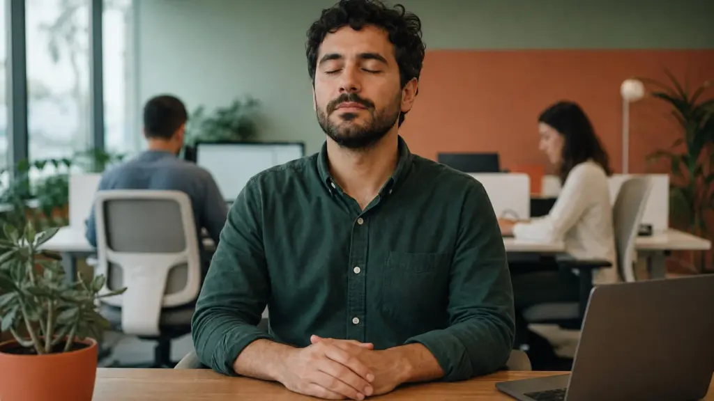 Anksiyete Bozuklukları ve Baş Etme Ofis çalışanının anksiyete bozuklukları ile baş etmek için masasında gözleri kapalı nefes egzersizi yapması.