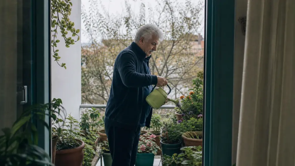 Balkonundaki bitkileri sulayarak depresyon tedavisi sürecinde günlük rutinine başlayan yaşlı bir adam.