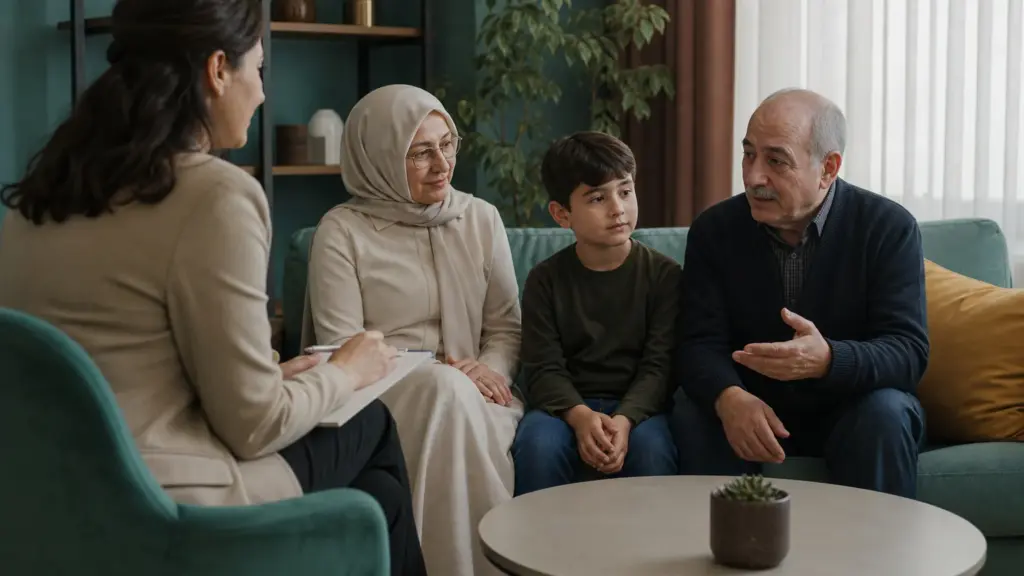 Torunlarını büyüten büyükanne ve büyükbabanın ebeveyn danışmanlığı seansında uzmanla görüşmesi.