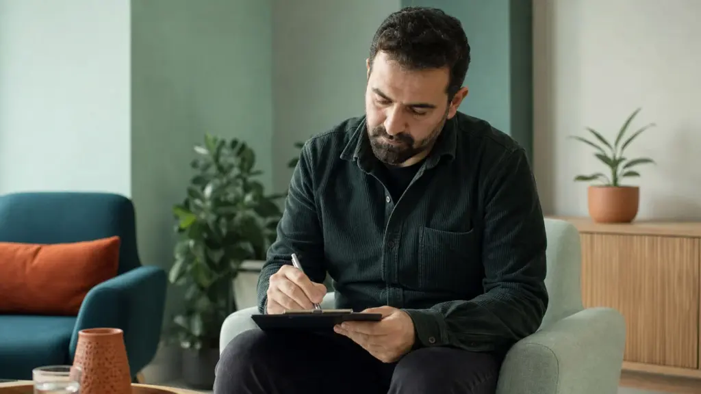 Yale-Brown Obsesyon Kompulsiyon Ölçeği Görüşme odası içinde Yale-Brown obsesyon kompulsiyon ölçeği (Y-BOCS) sorularını yanıtlayan danışan.